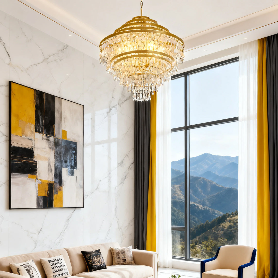 Elegant gold-tiered crystal chandelier with hanging shells in a modern interior