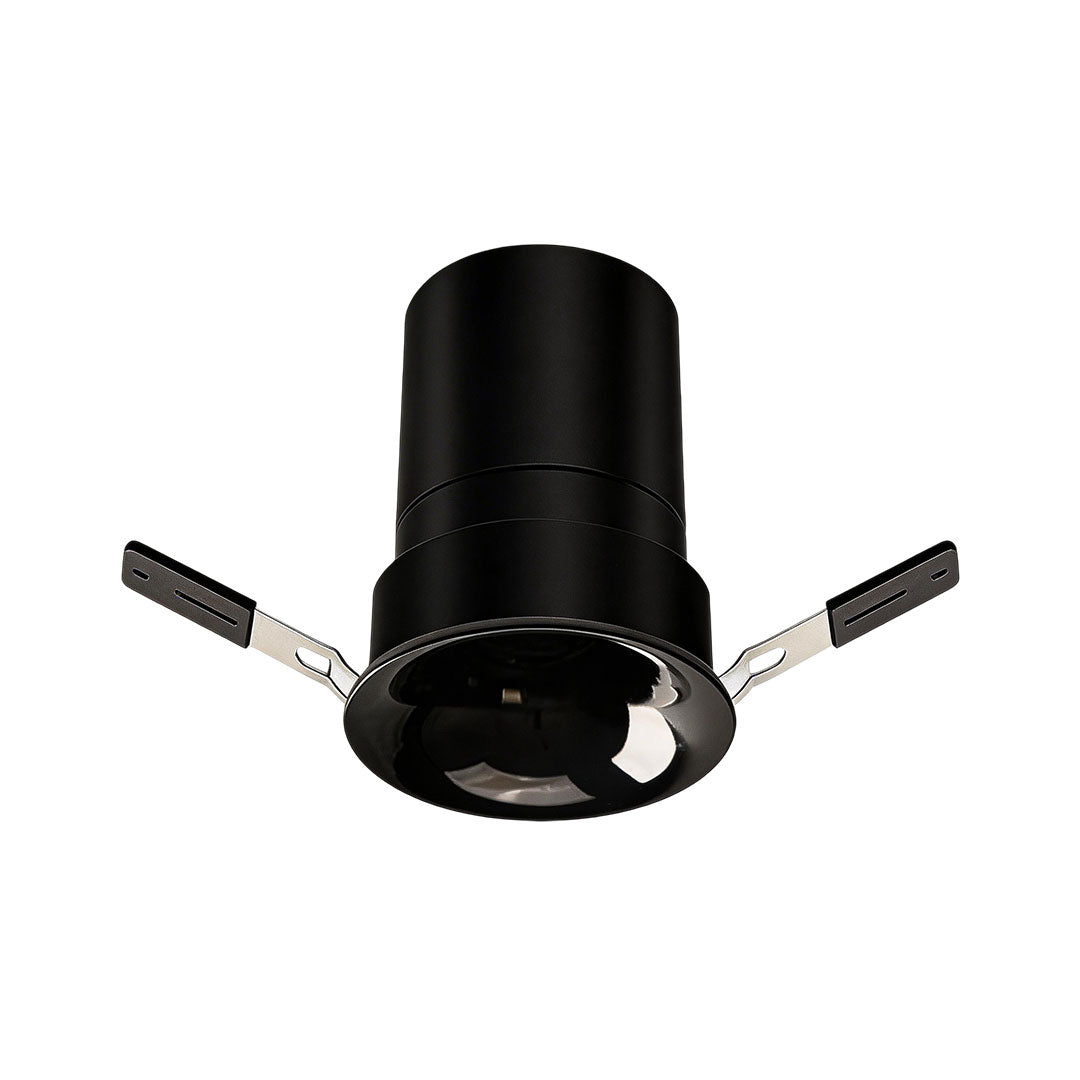 Black LED spotlight showing a side profile with adjustable brackets for installation.
