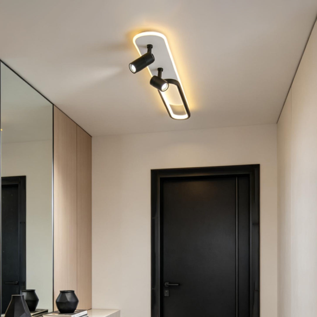 Adjustable ceiling spotlight with oval LED light bar in modern hallway.