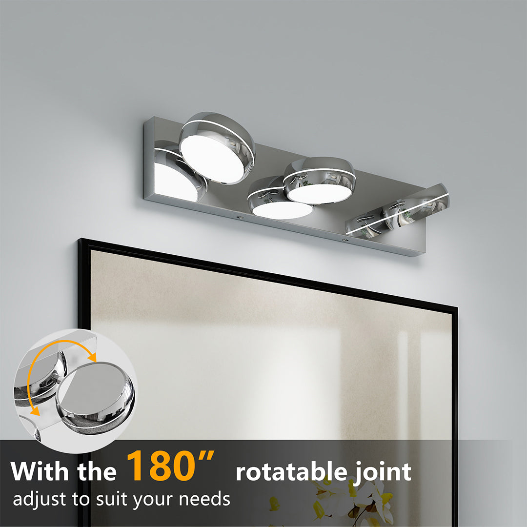 Adjustable chrome bathroom vanity light with glass shade chandelier styling highlighting 180-degree rotatable joint feature.
