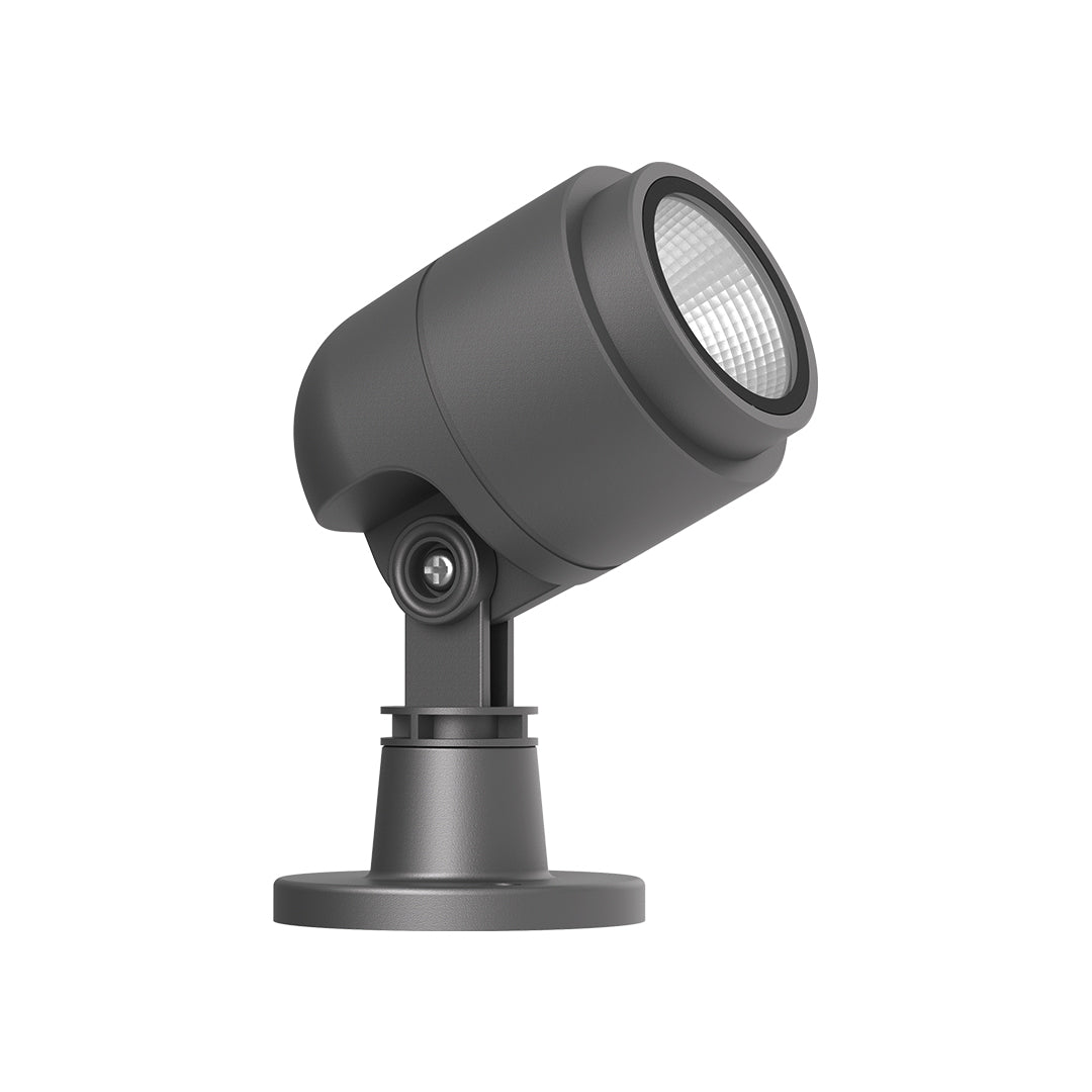 Sleek black directional outdoor light with tilting head mounted on adjustable stand
