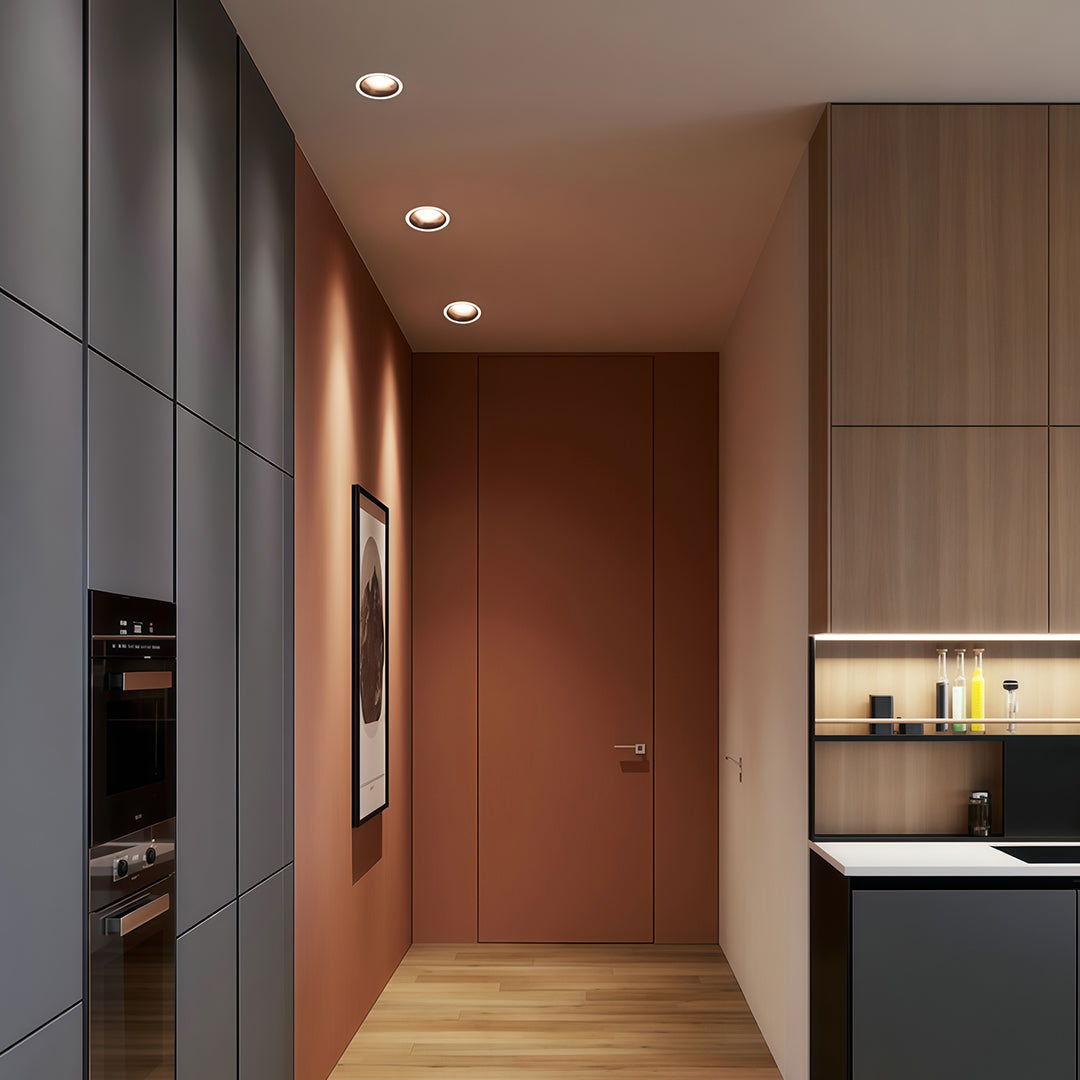 Adjustable downlights illuminating warm hallway with wood door and contemporary finishes