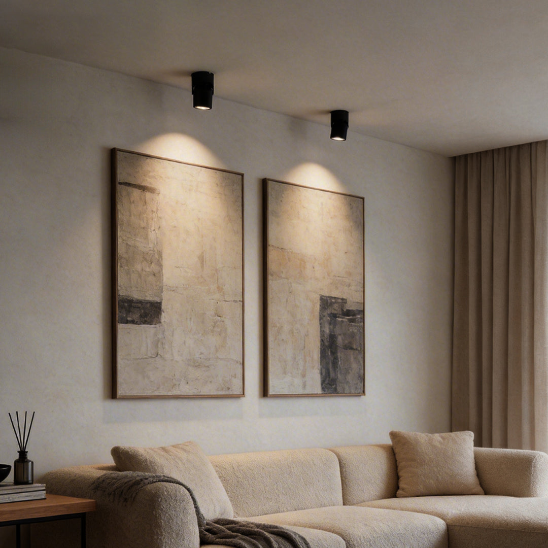 Adjustable downlights with a sleek black design, installed in a modern living room.