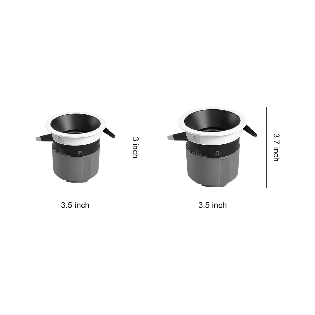 Adjustable downlights showing two sizes with black trim and tiltable design on white background with measurements