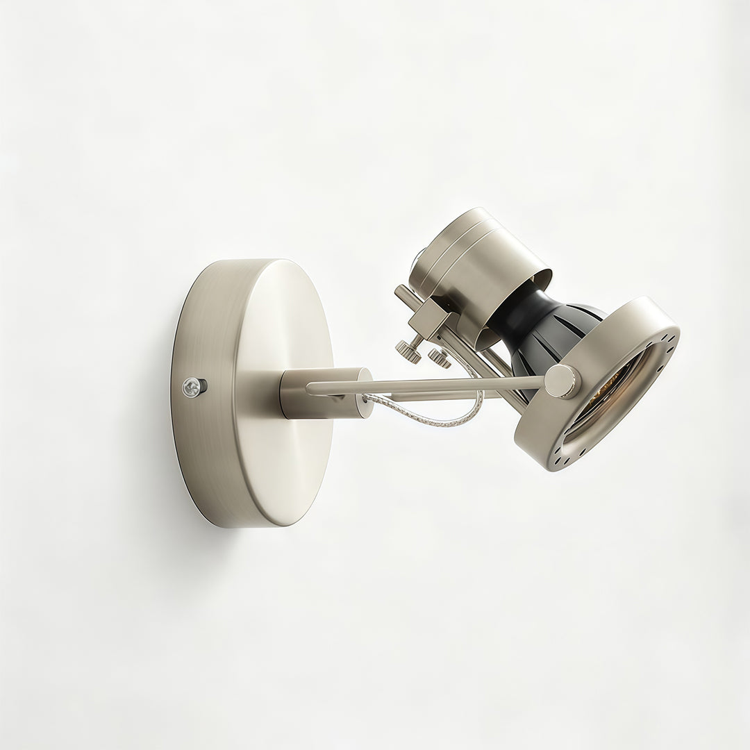 Adjustable industrial wall lights with brushed nickel finish and directional head for task lighting application