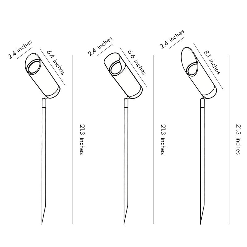 Technical diagram showing dimensions and structure of adjustable landscape lighting models.