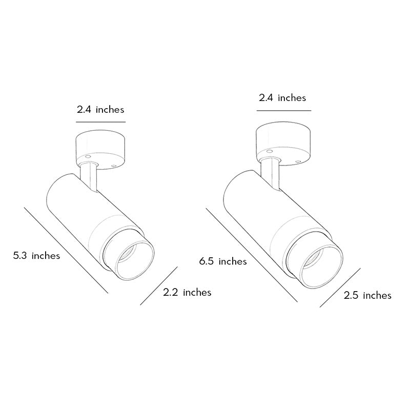 Dimension drawing of adjustable LED can lights showing ceiling mount measurements and adjustable spotlight size.