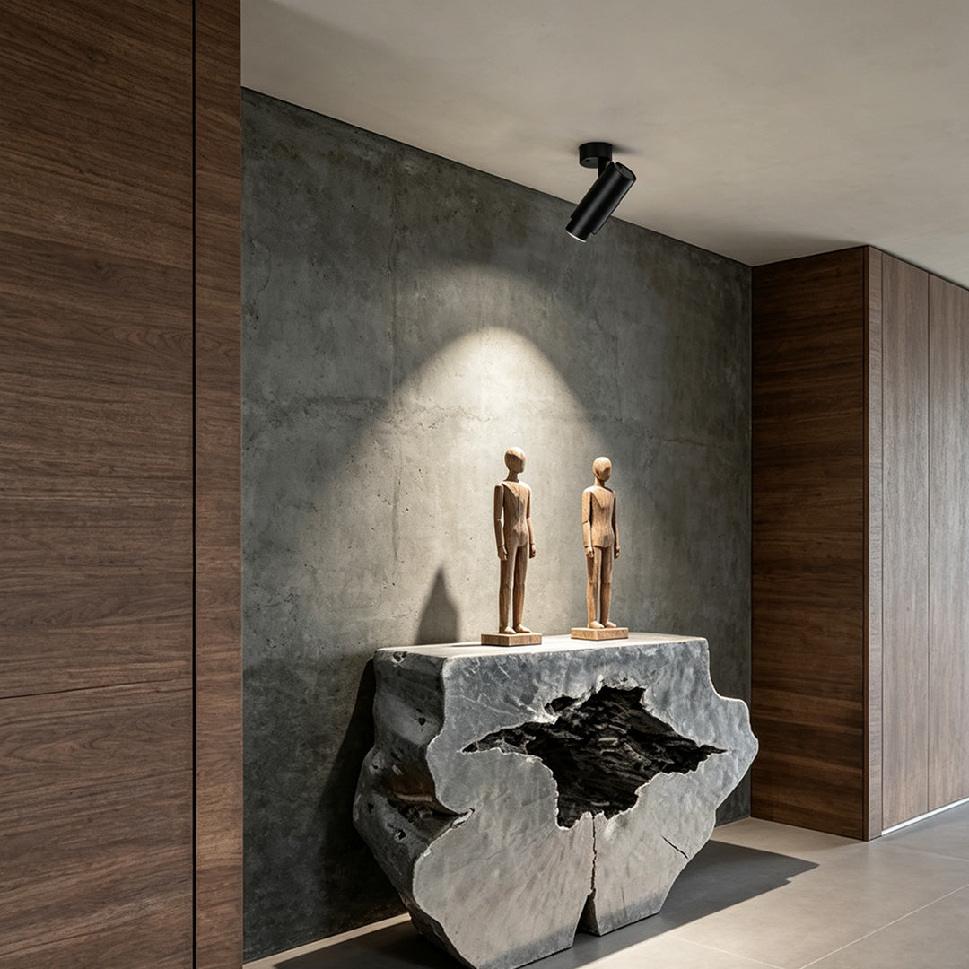 Adjustable LED can lights illuminating decorative sculptures in a modern luxury interior with focused accent lighting.