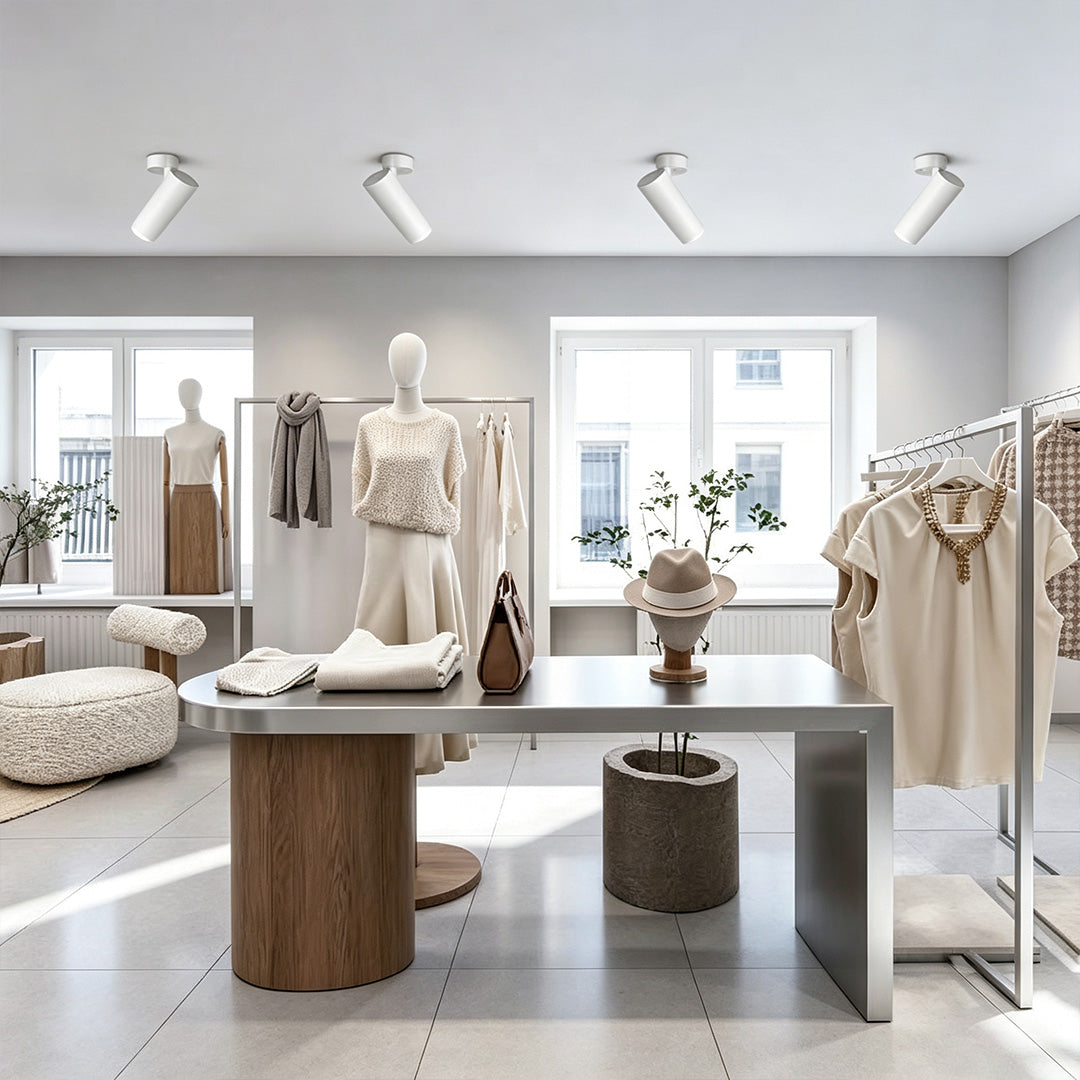 White adjustable LED can lights featured in a modern retail boutique with clean ceiling spotlight arrangement.