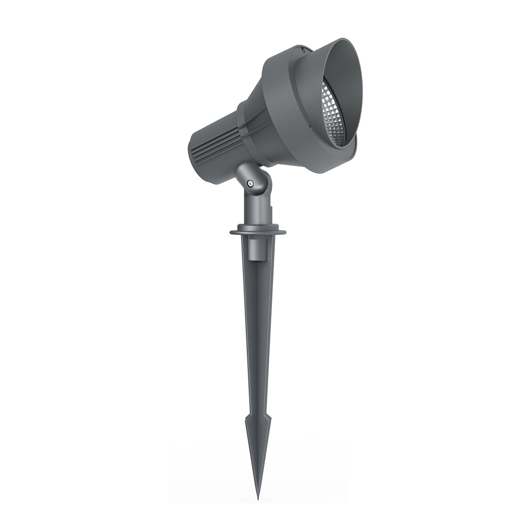 Adjustable LED spotlight with ground stake mount for landscape accent lighting