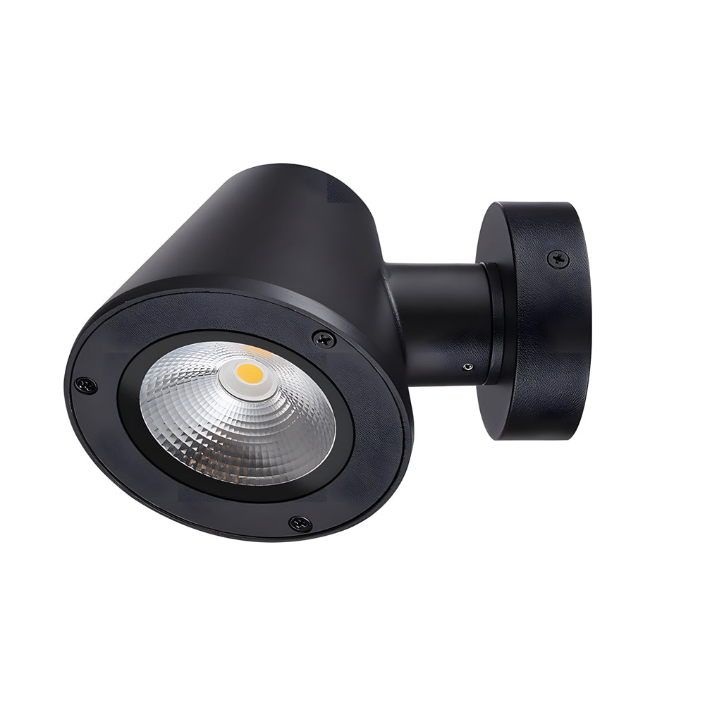 Black adjustable LED spotlight with directional head mounted on wall bracket against white background