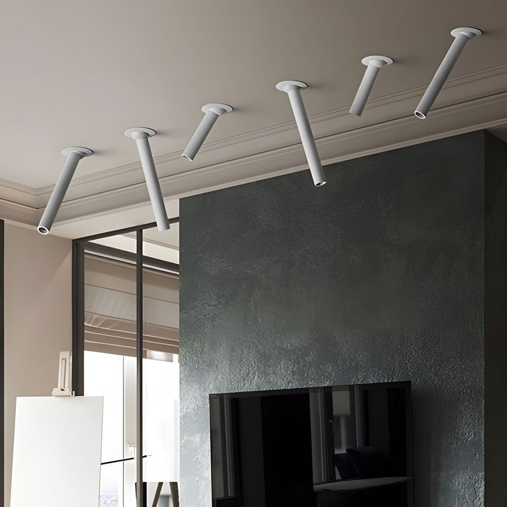 Adjustable LED surface spotlights installed in a modern interior, highlighting the dark accent wall and wooden floor.