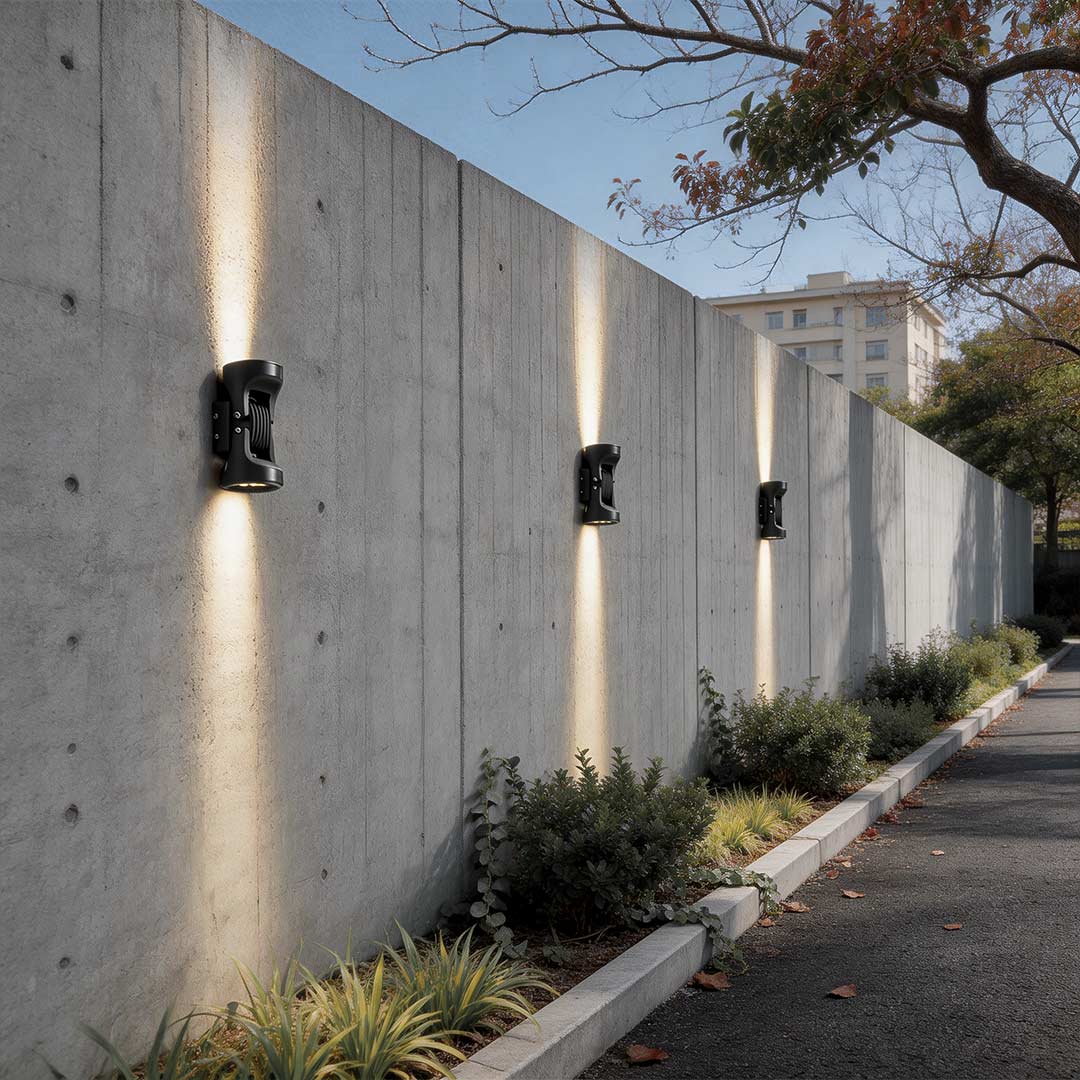 Adjustable outdoor wall light enhancing a contemporary garden fence with elegant ambient light.