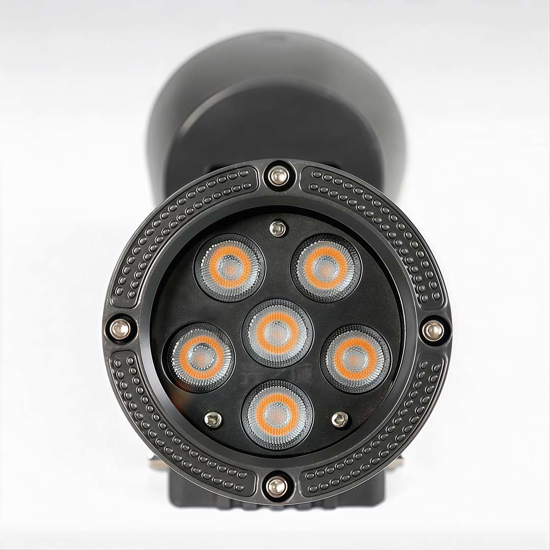 Adjustable outdoor wall light with top view highlighting the LED light source.