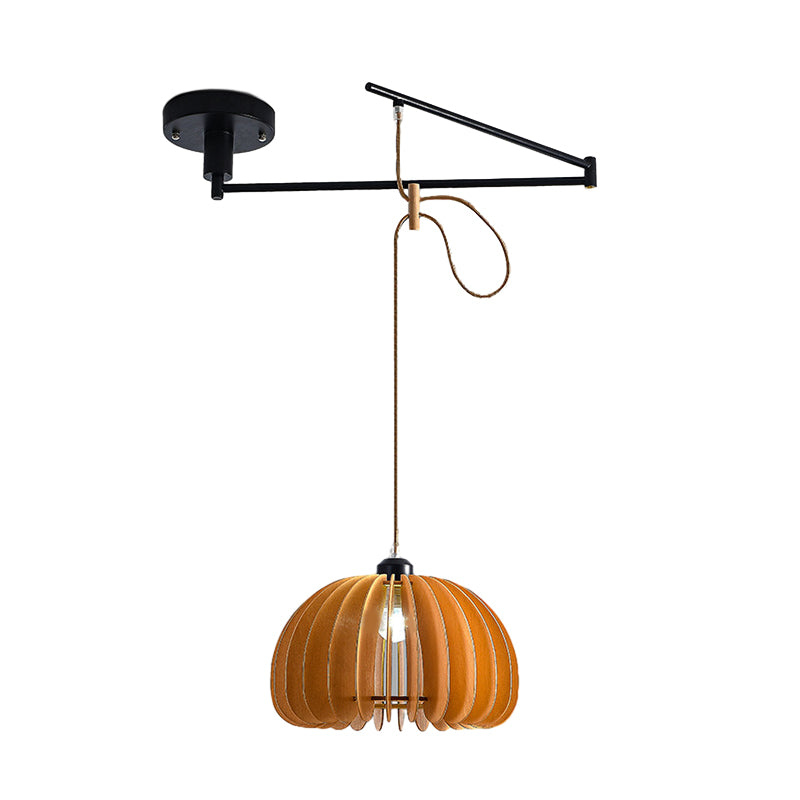 Adjustable pendant light fixture with rounded wood-tone shade