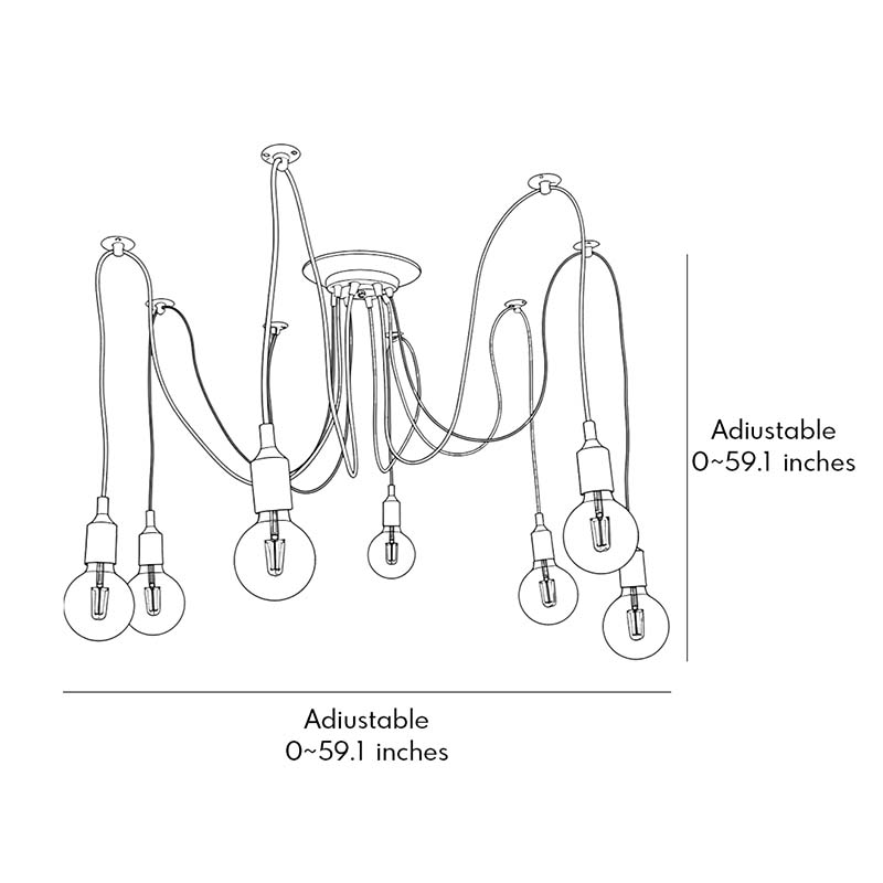 Technical drawing and size dimensions for an adjustable spider chandelier.