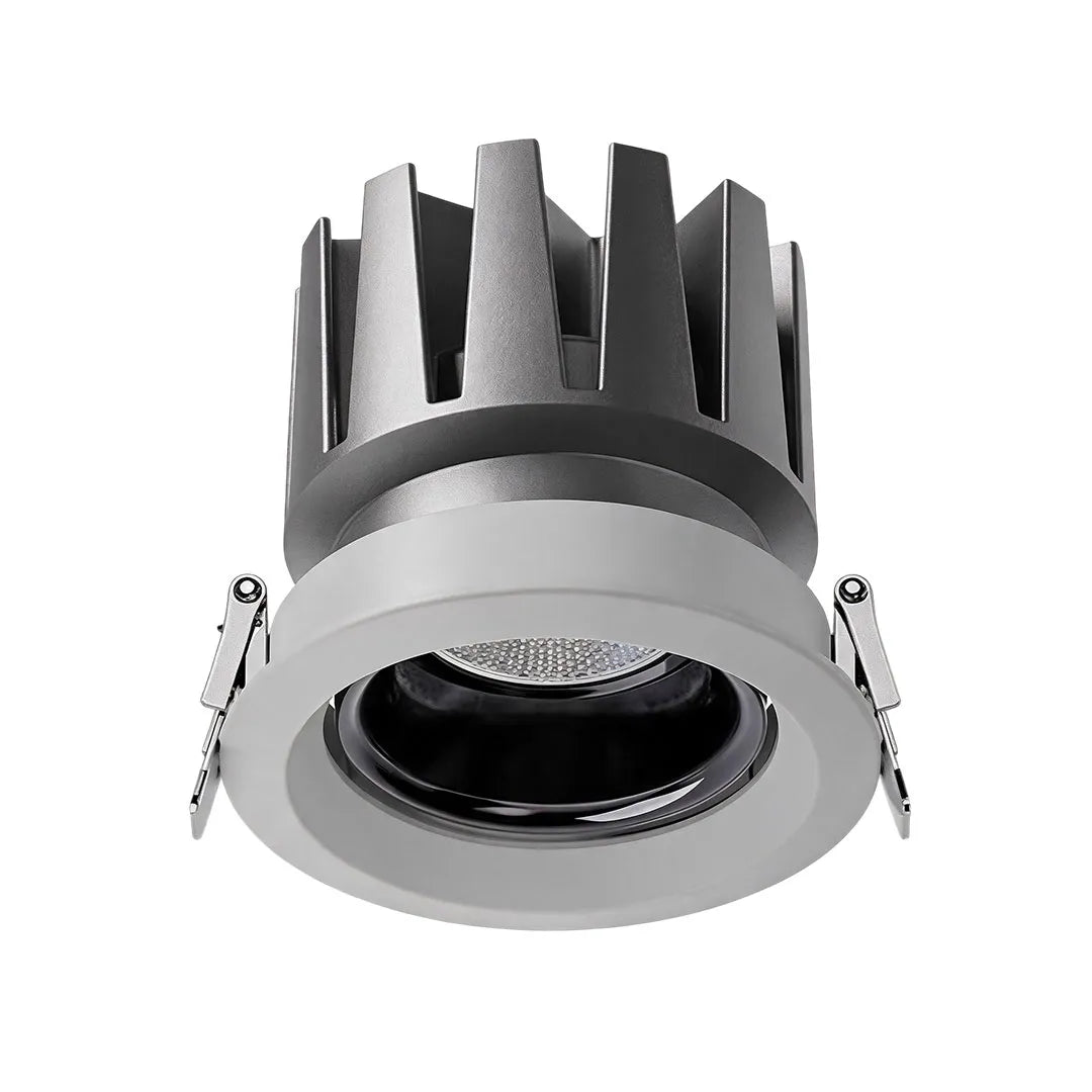 Spotlight ceiling lights featuring an adjustable recessed design with a silver trim and black reflector.