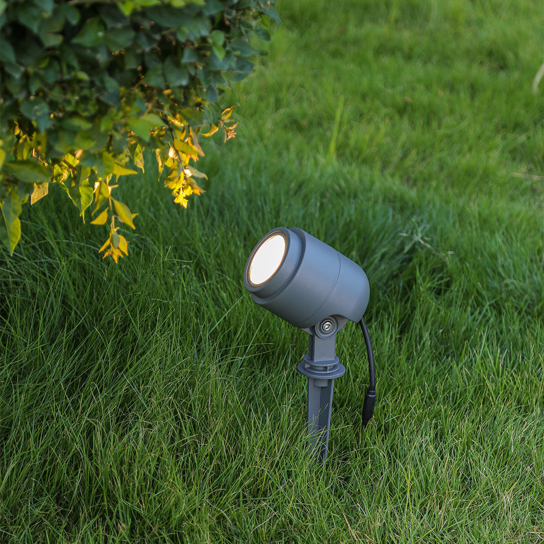 Adjustable spotlight creating dramatic uplighting effect on garden plants and grass during evening