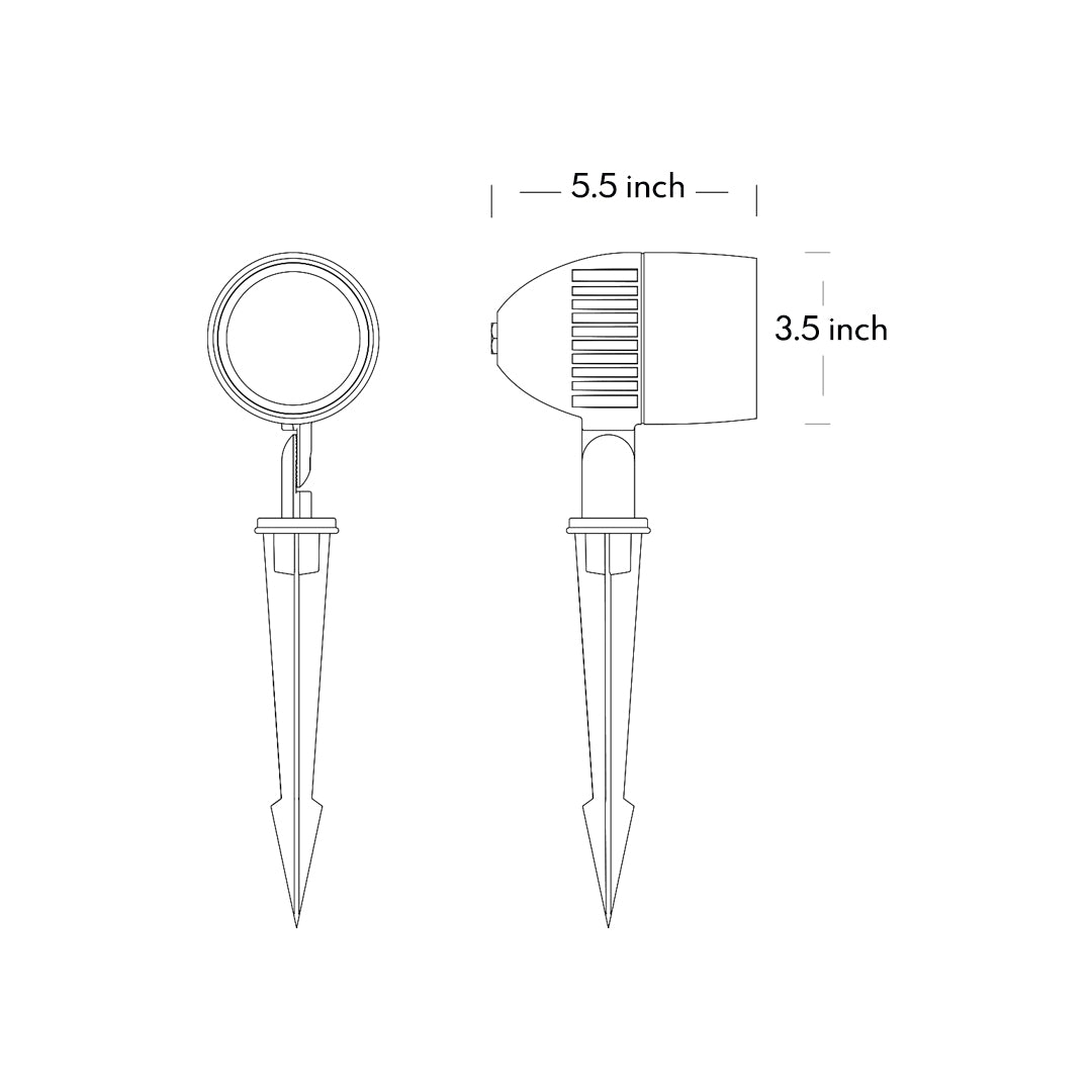 Technical drawing showing installation dimensions and specifications for adjustable outdoor spotlight with stake mount