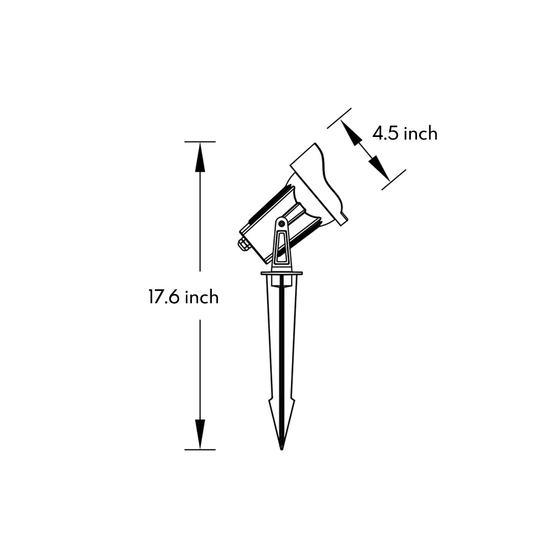 Technical drawing showing dimensions and installation specifications for adjustable outdoor spotlight fixture