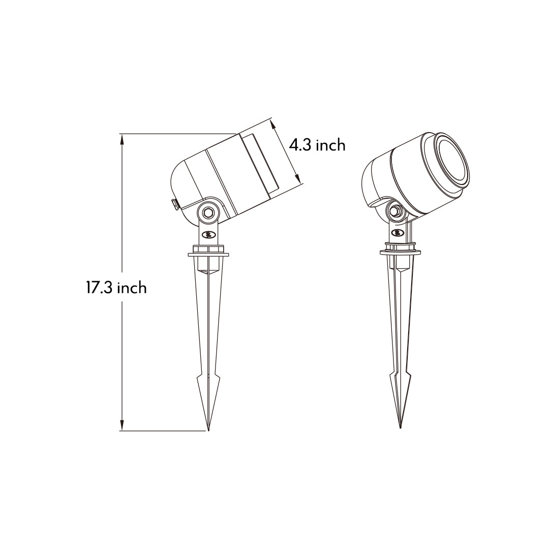 Technical drawing with dimensions and specifications for adjustable outdoor spotlight with ground stake