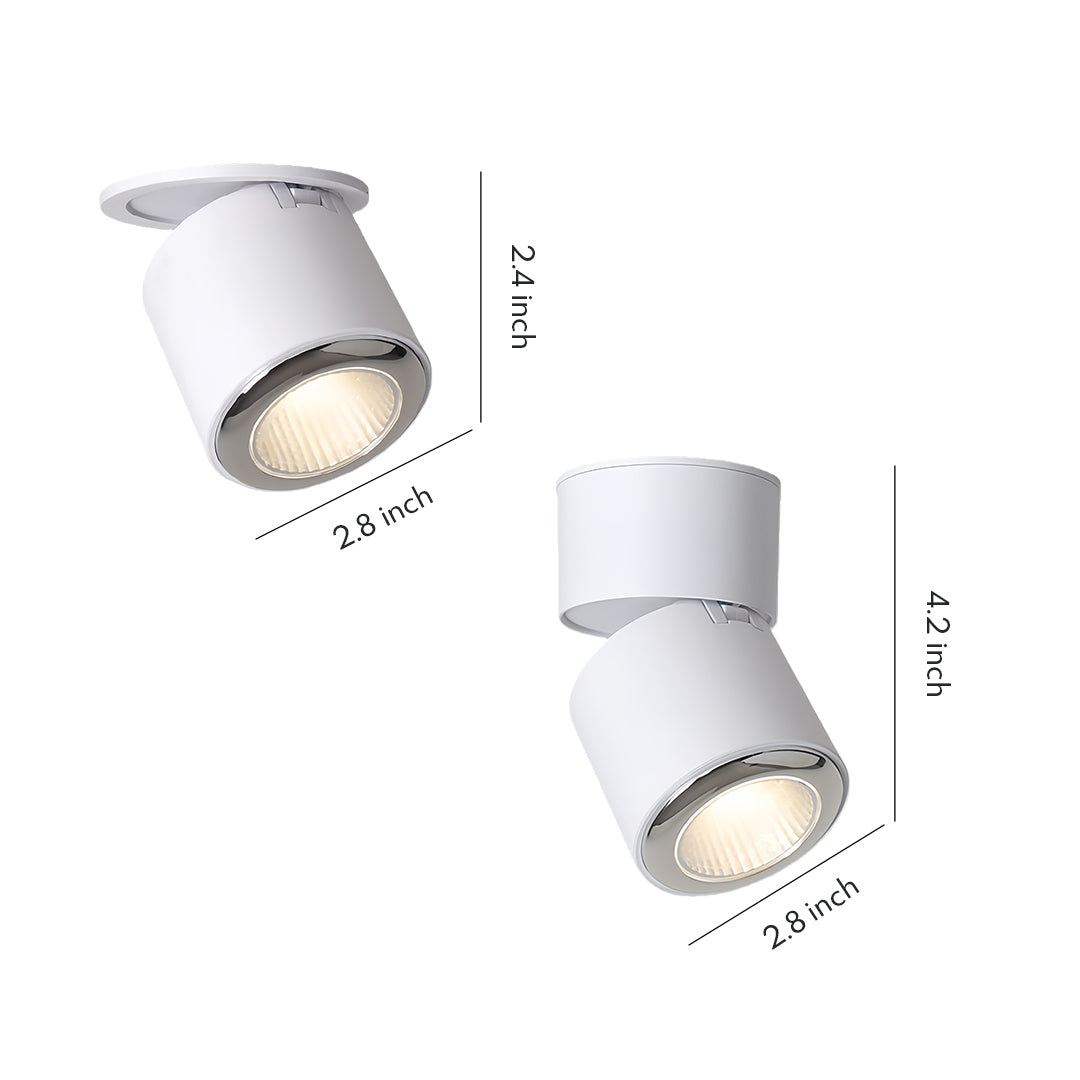 Adjustable spotlight showing two mounted fixtures in white finish with dimension measurements
