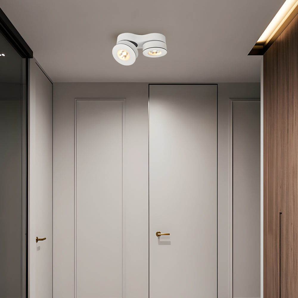 Black surface mount LED downlight with adjustable lighting direction, designed to illuminate specific areas with precision.