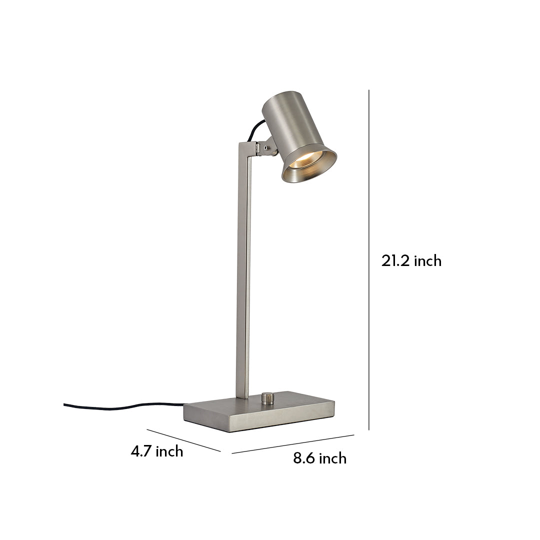 Adjustable swing arm desk lamps with brushed metal finish and compact rectangular base.