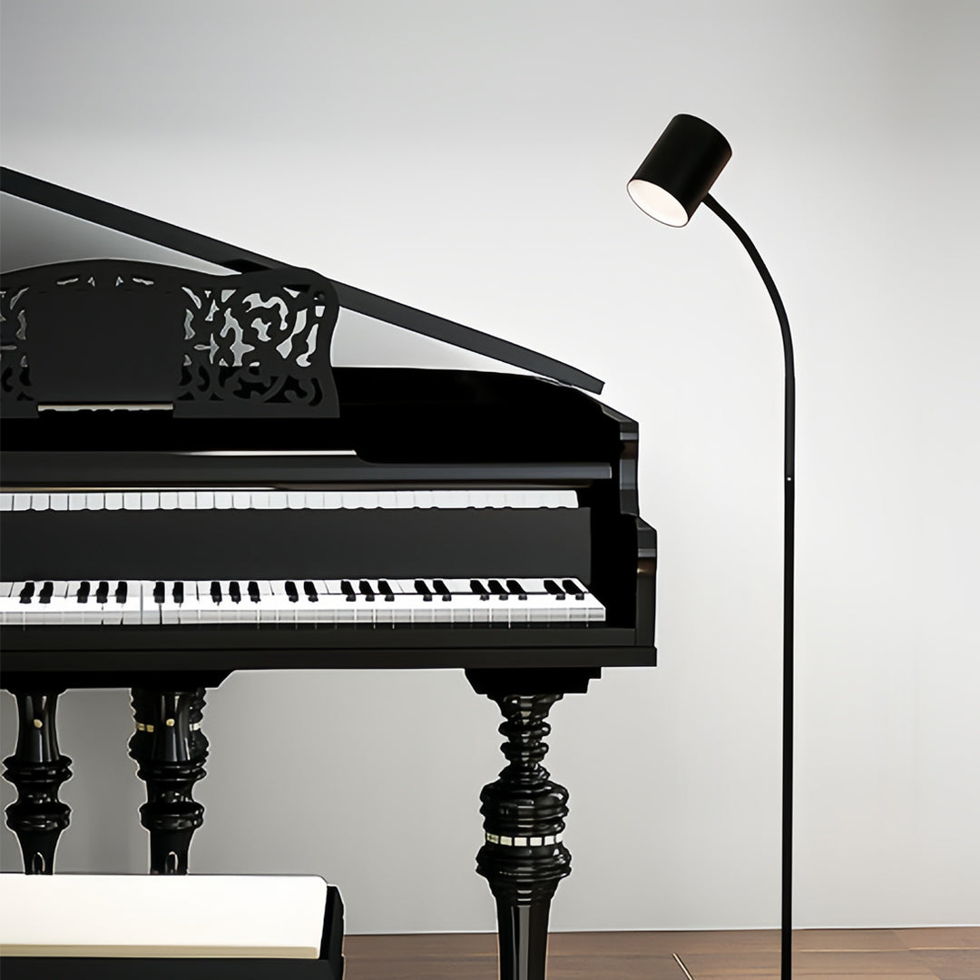 Adjustable tall floor lamps positioned next to piano creating perfect task lighting