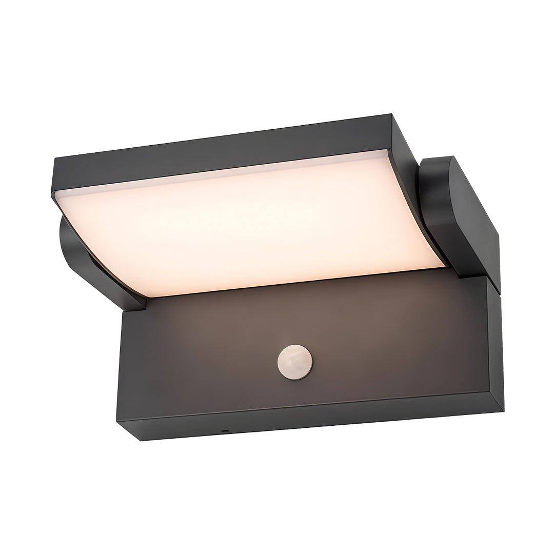 Adjustable wall light in a matte black finish with a wide illuminated panel for outdoor use.