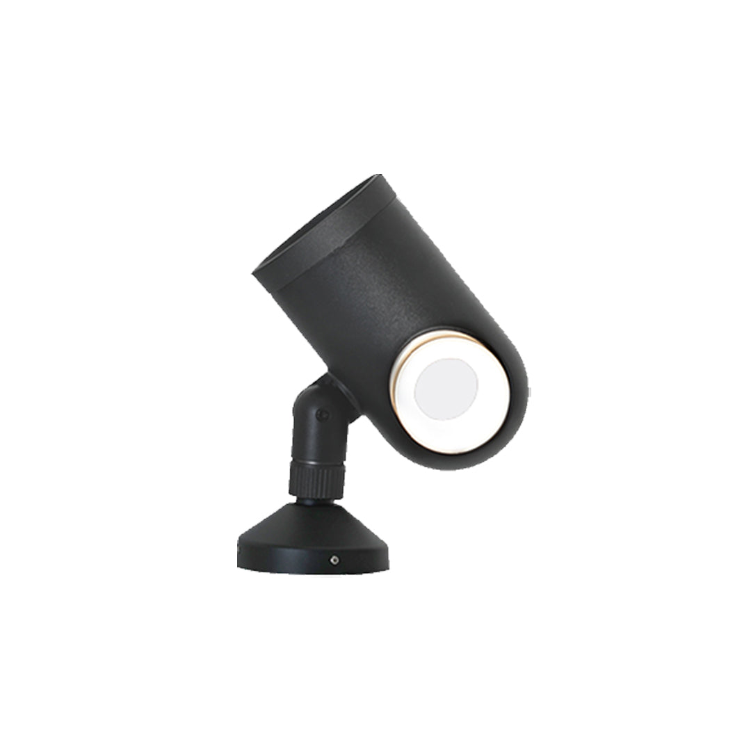 Single adjustable black waterproof spotlight with mounting base shown on white background.