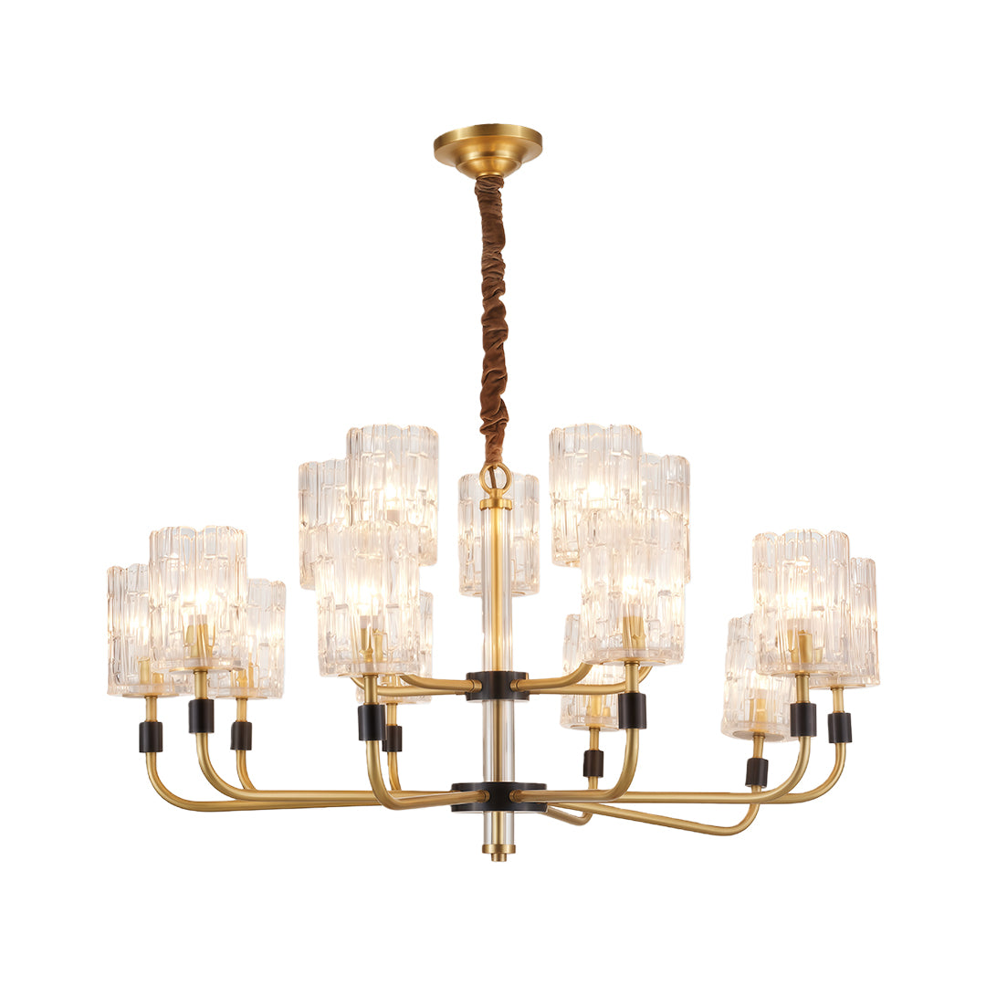 Modern luxury chandeliers featuring aged brass with circular arm arrangement and textured glass