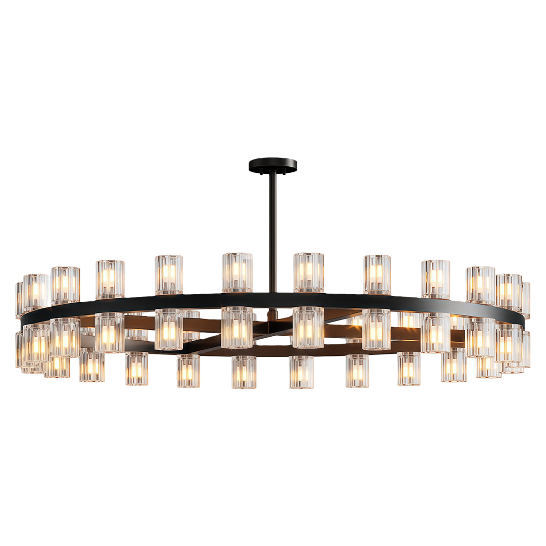 Luxury crystal chandeliers in aged bronze with circular glass cylinder pattern.