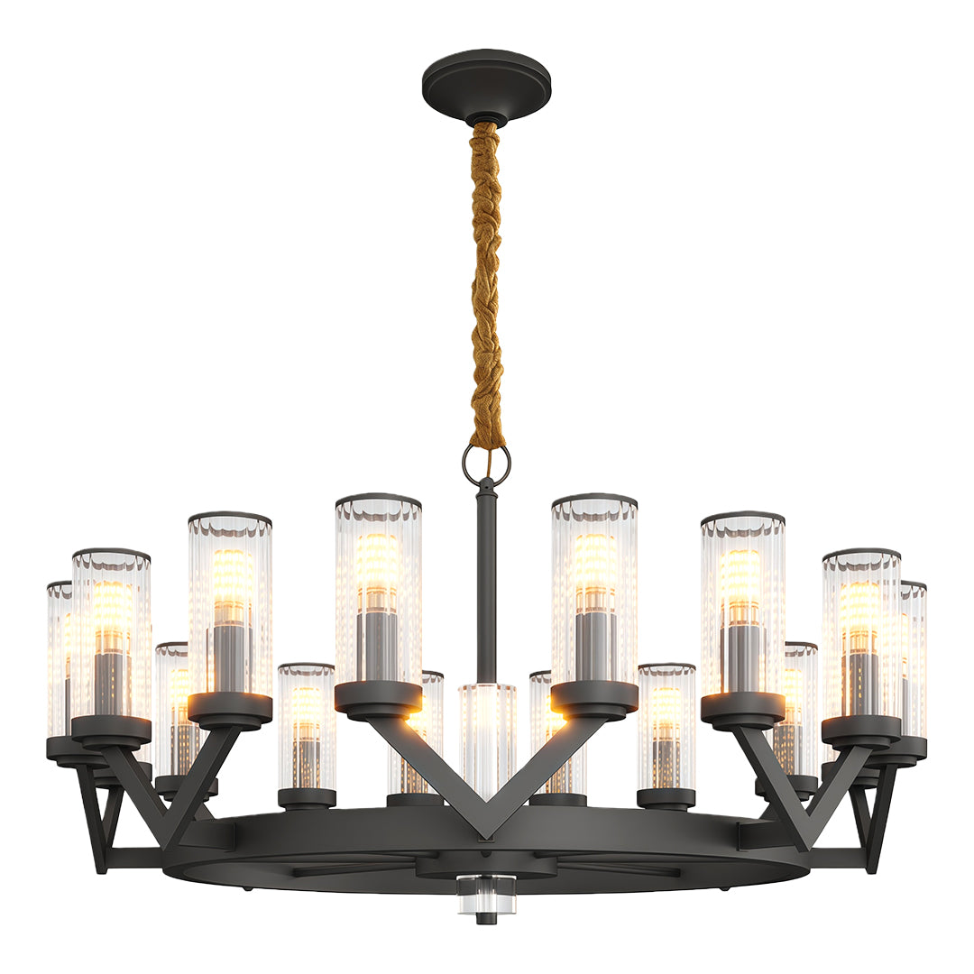 Modern luxury chandeliers in aged bronze with crown-style glass drop configuration