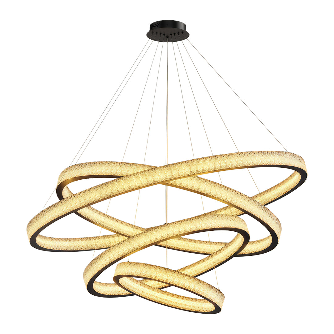 Modern luxury chandeliers in aged bronze with dramatic spiral crystal arrangement