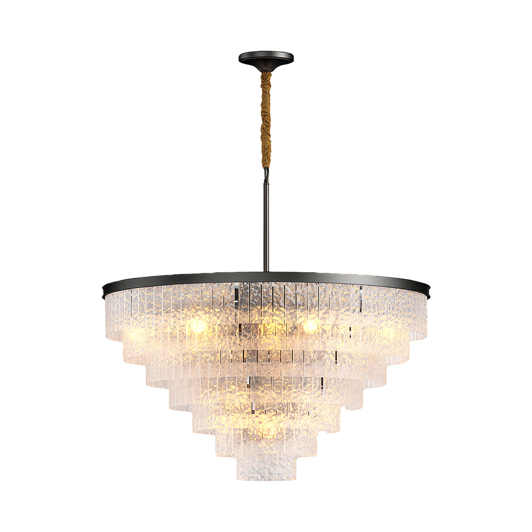 Luxury modern forms chandelier in aged bronze with graduated crystal glass configuration.