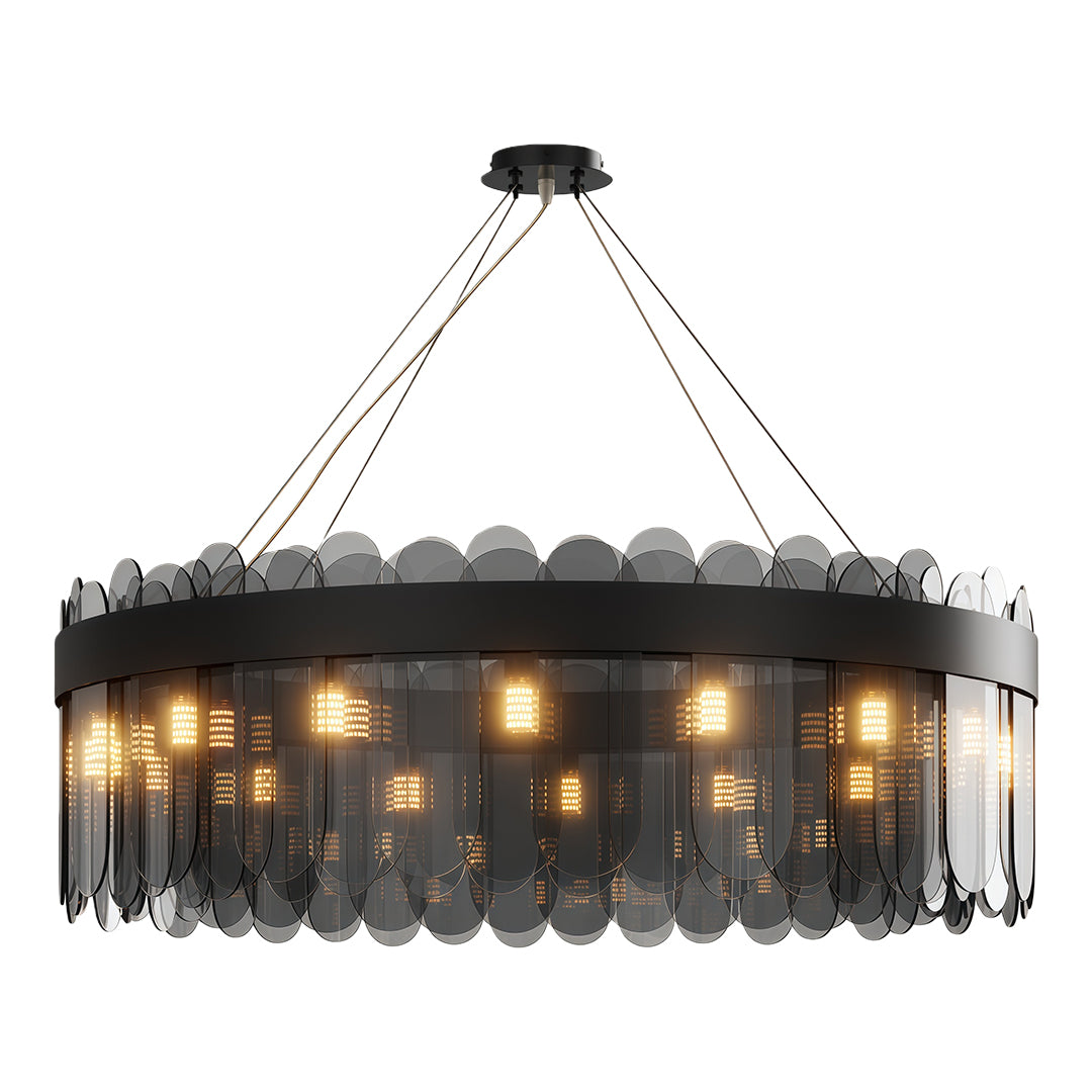 Modern luxury chandeliers in aged bronze with rectangular scalloped frame design
