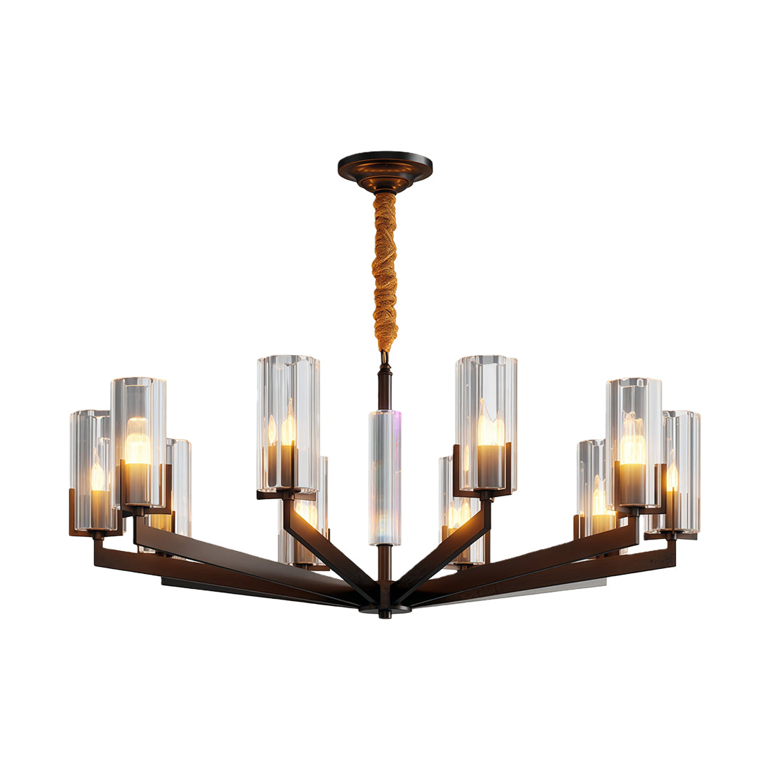 Modern luxury chandeliers in aged bronze with sculptural frame and ribbed glass cylinders