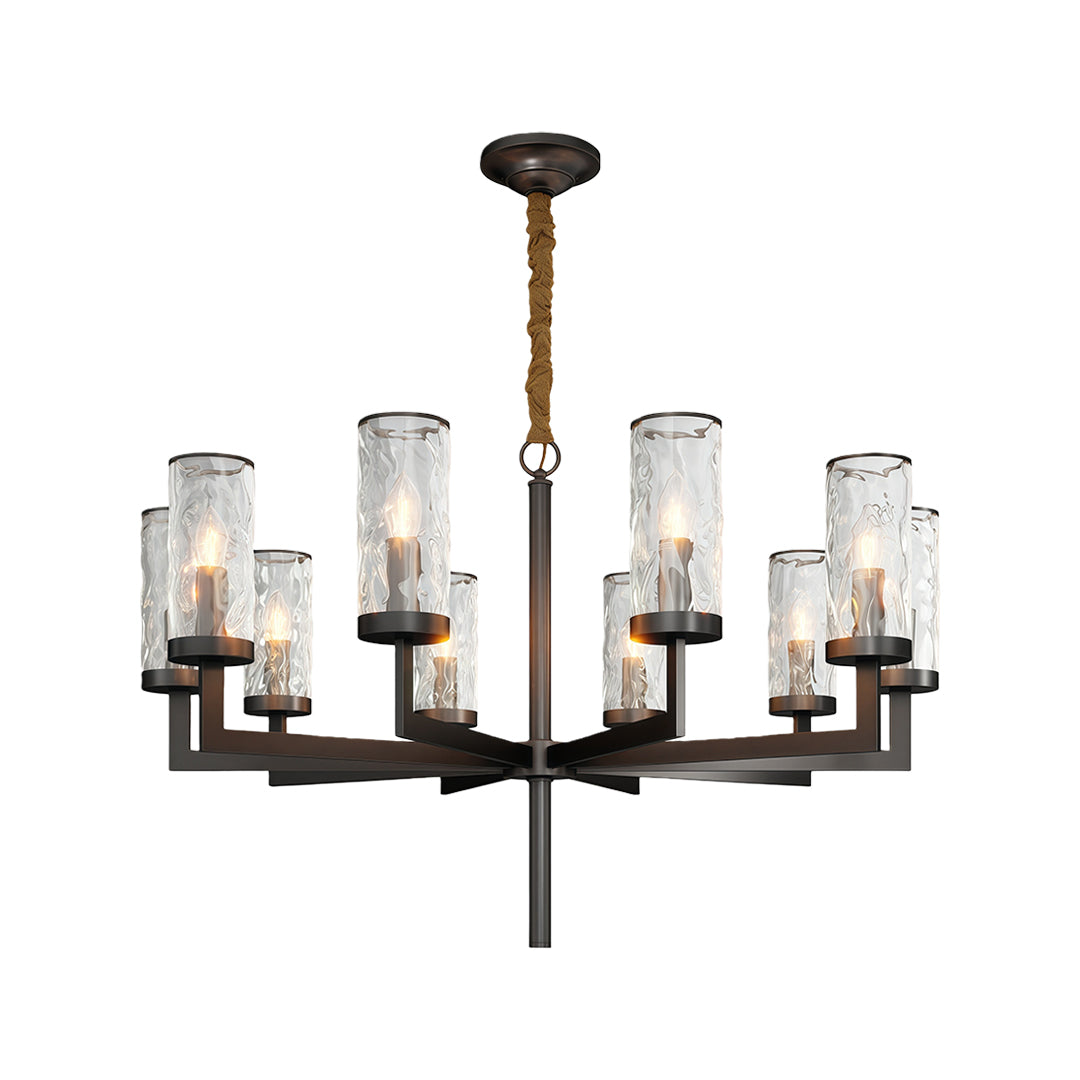 Modern luxury chandeliers in aged bronze with tiered glass shade arrangement
