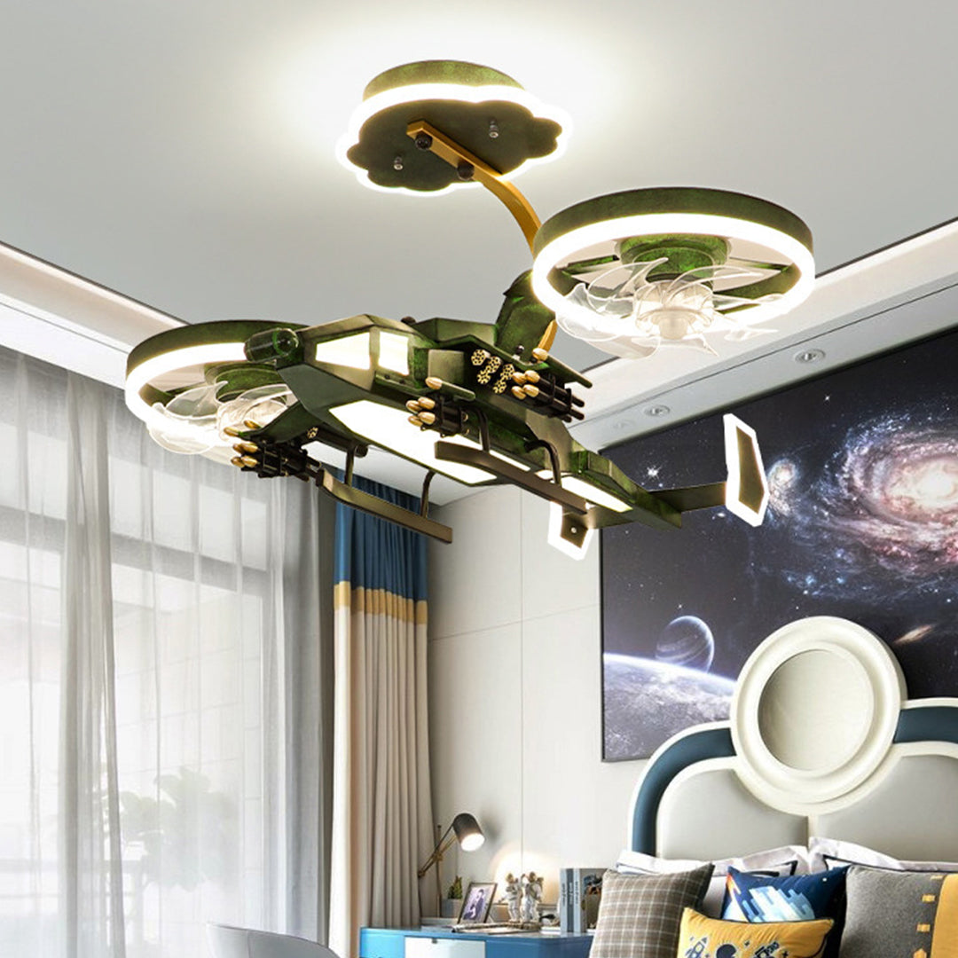 Airplane ceiling fan with light creating ambient lighting in contemporary children's bedroom