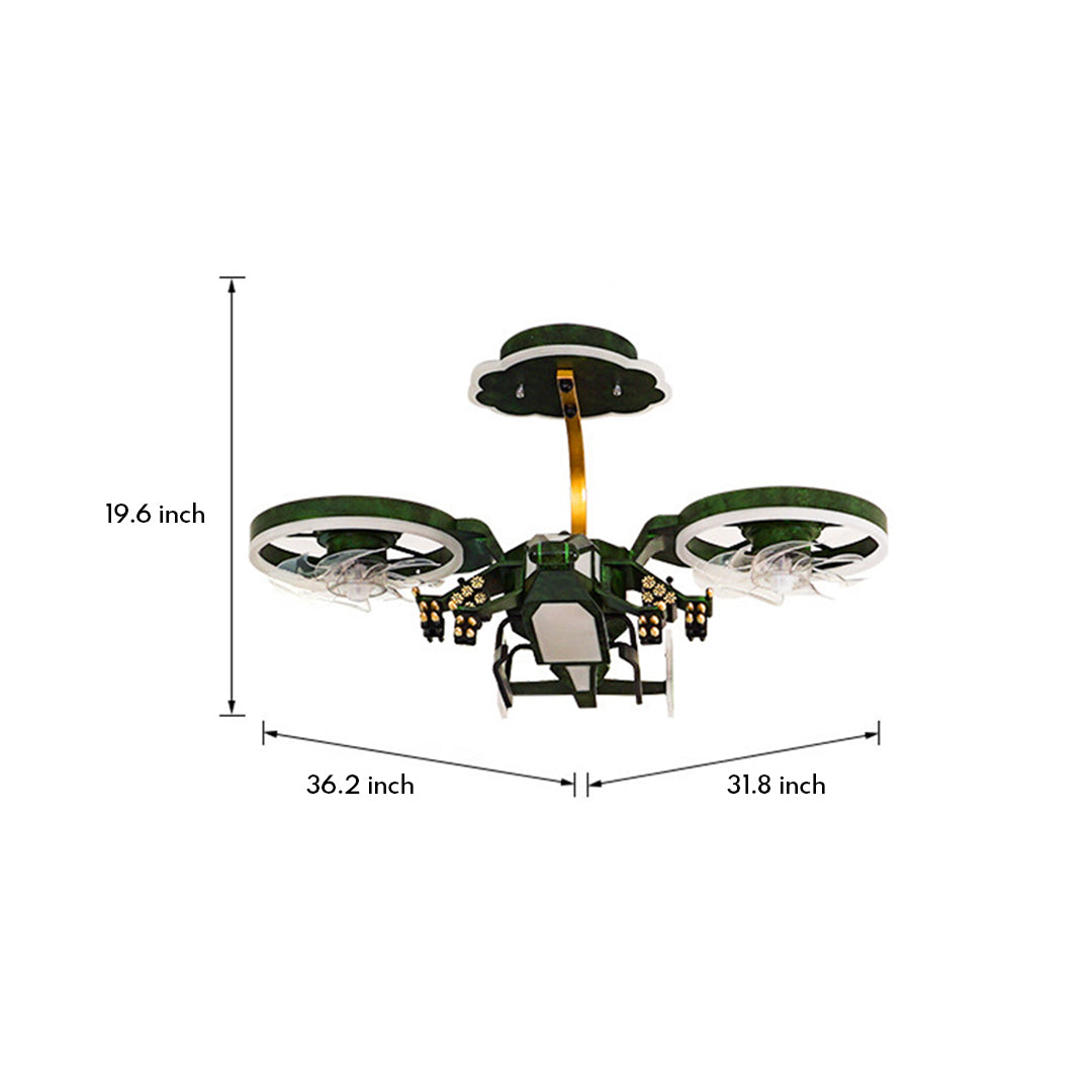 Technical drawing and specifications for airplane ceiling fan with light featuring propeller design