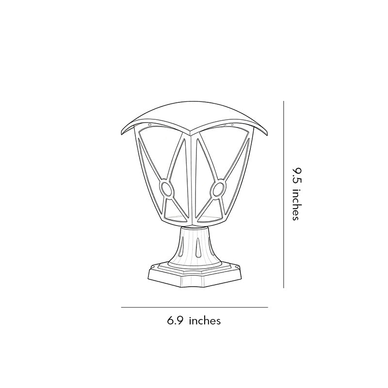 Aluminum pillar light dimension drawing showing a 9.5-inch height and 6.9-inch width.