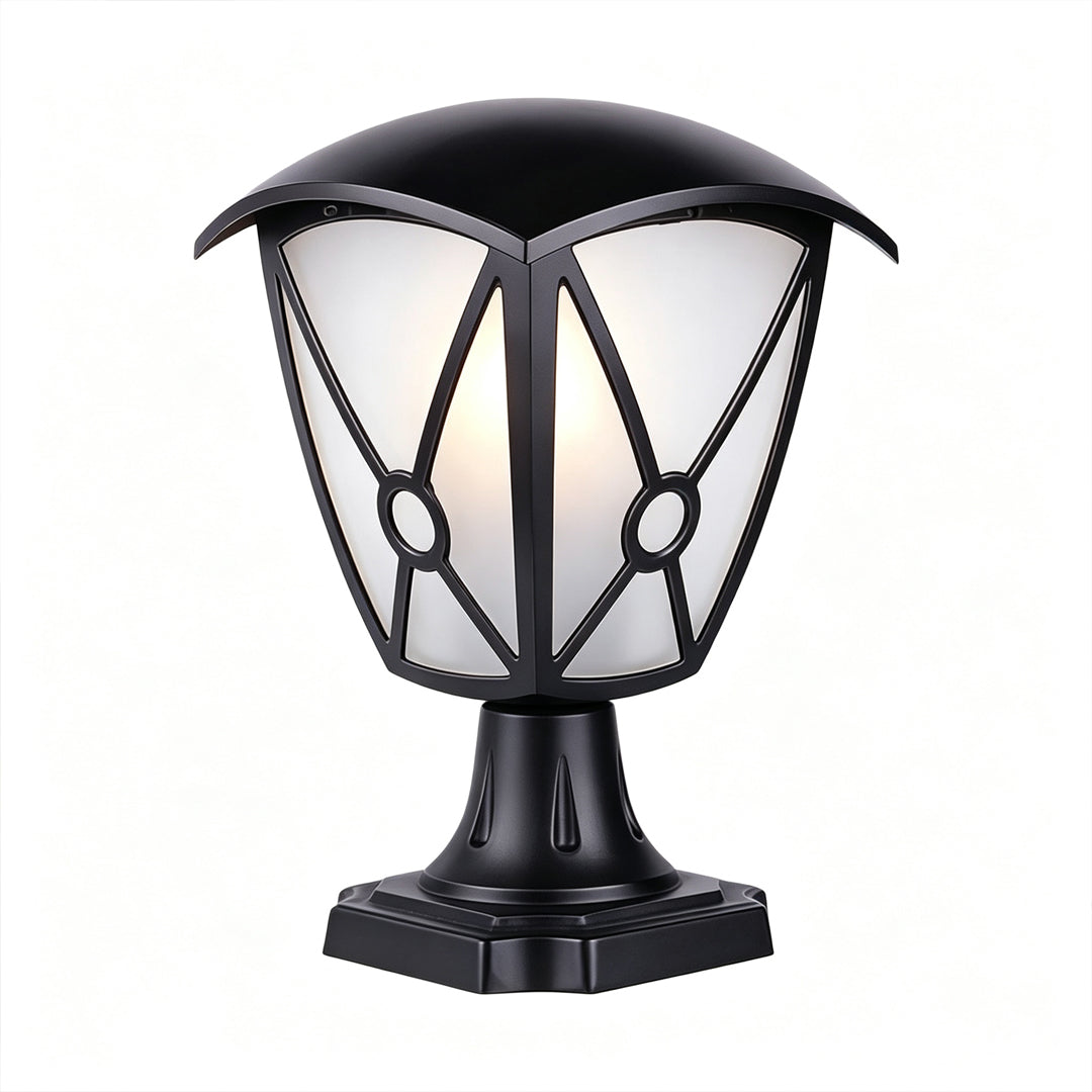 Aluminum pillar light product image showing a black geometric frame with frosted diffuser panels.