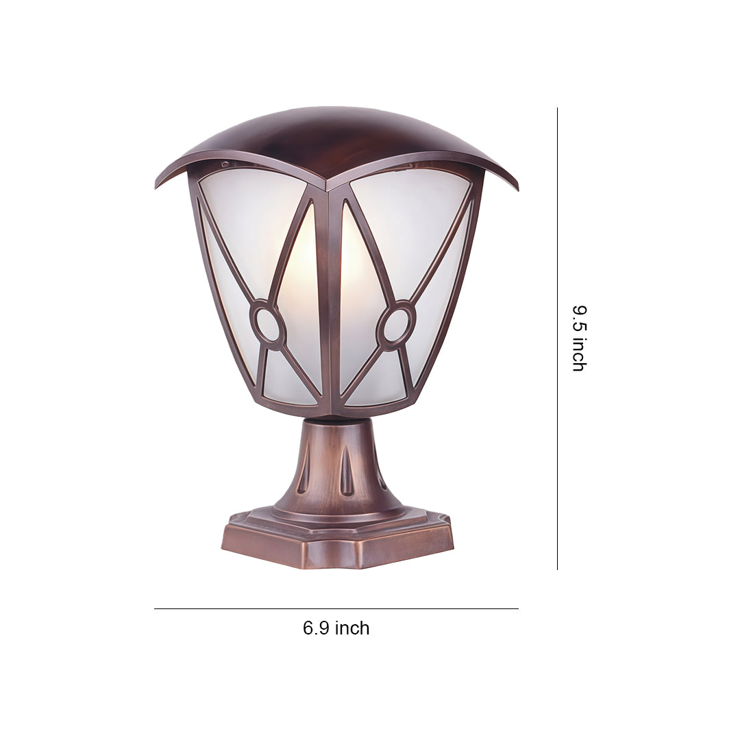 Aluminum pillar light with decorative V-pattern glass and bronze finish, shown with height measurement reference