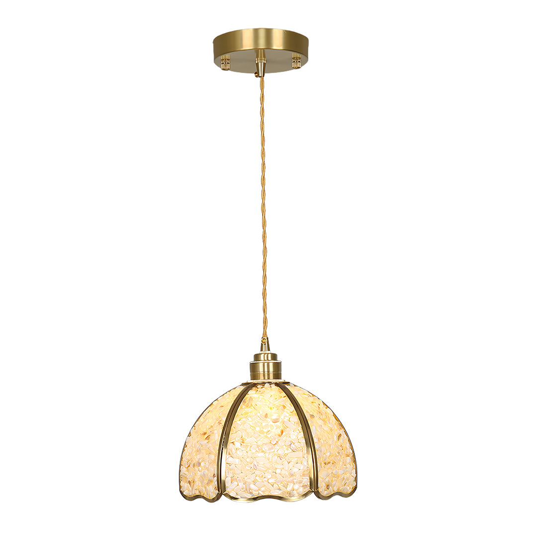 Amber small crystal pendant light with geometric glass design and polished brass accents