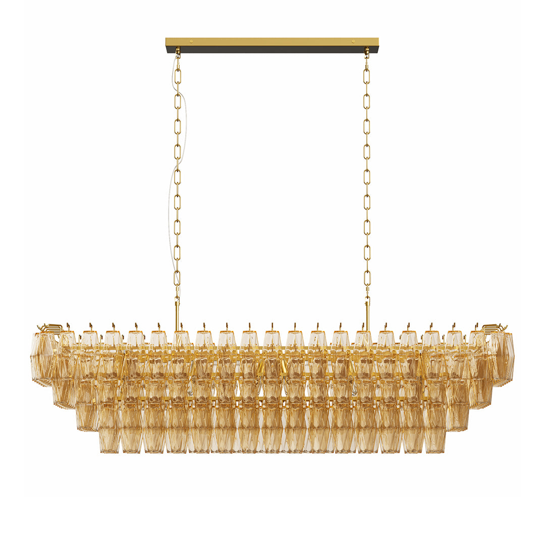 Contemporary gold rectangular glass pendant chandelier featuring sparkling amber glass prisms.