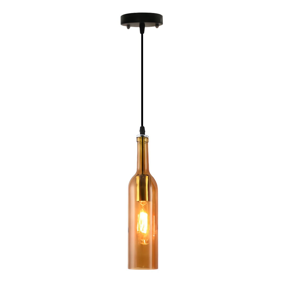 Bronze wine bottle pendant light with copper-toned glass creating warm ambient glow