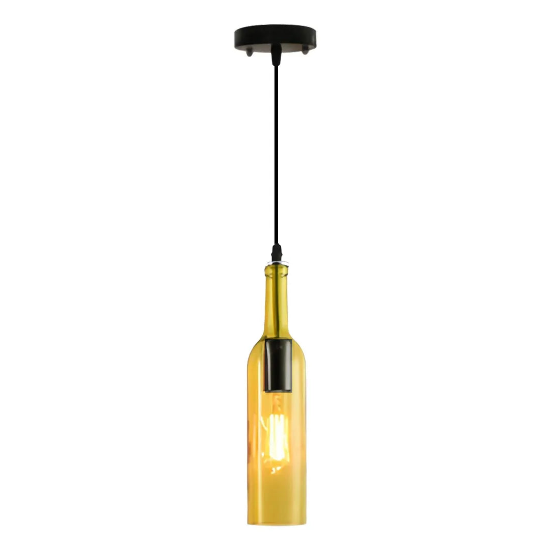 Amber wine bottle pendant light featuring a slim bottle-shaped glass shade and warm exposed bulb.