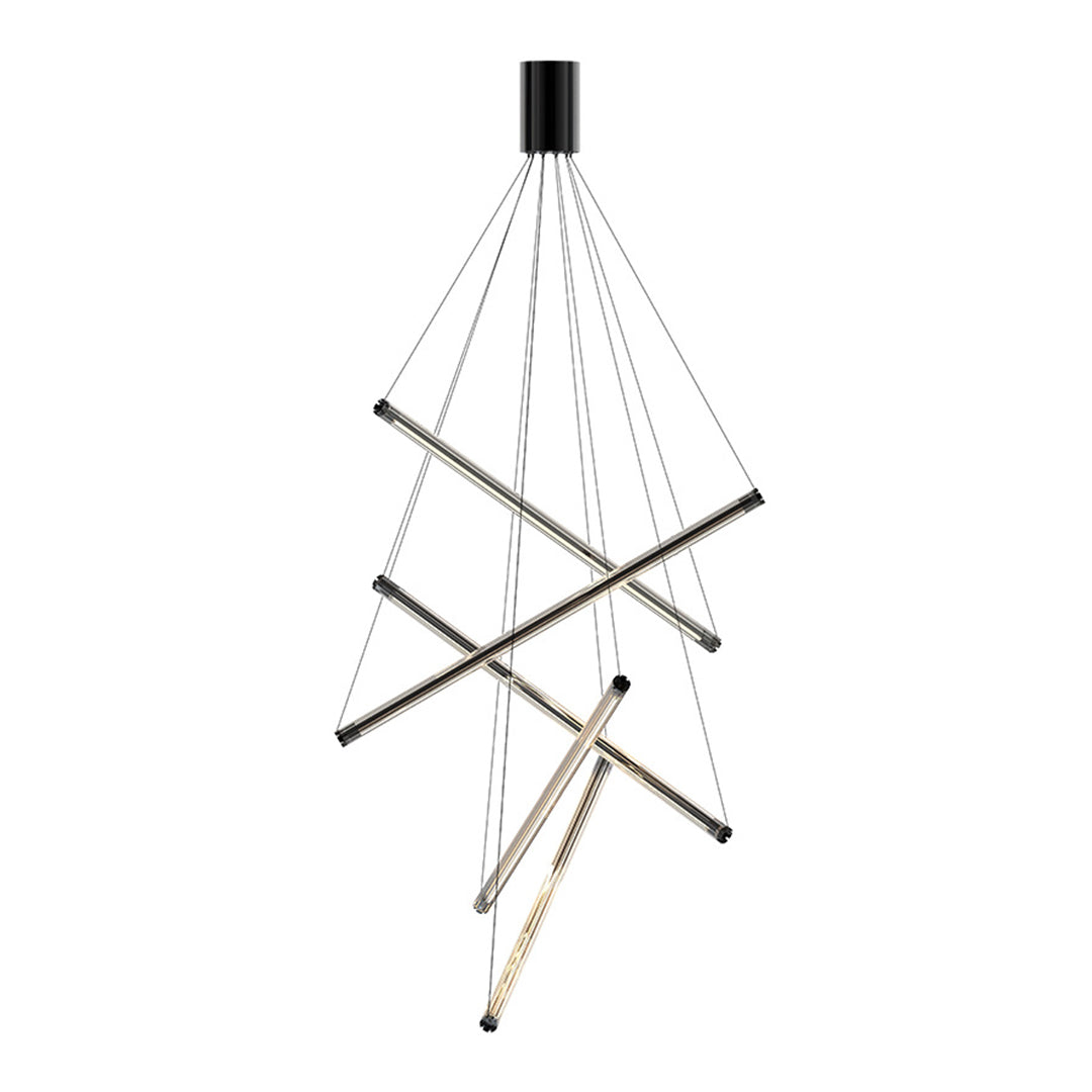 Sophisticated LED linear chandelier providing ambient lighting over stylish dining room table