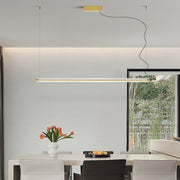 Sophisticated linear pendant light creating ambient lighting in modern dining room setting